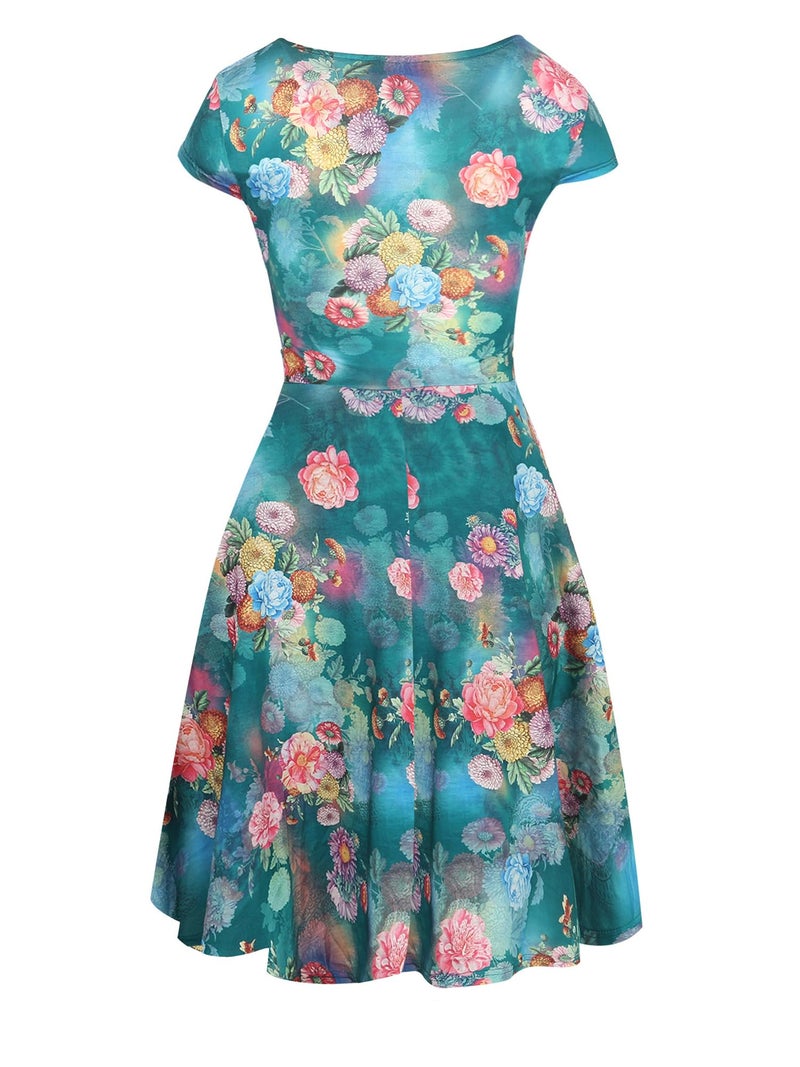 oxiuly Women's V-Neck Cap Sleeve Floral Casual Cocktail Party Swing Dress OX233 (L, Green) - Image 4